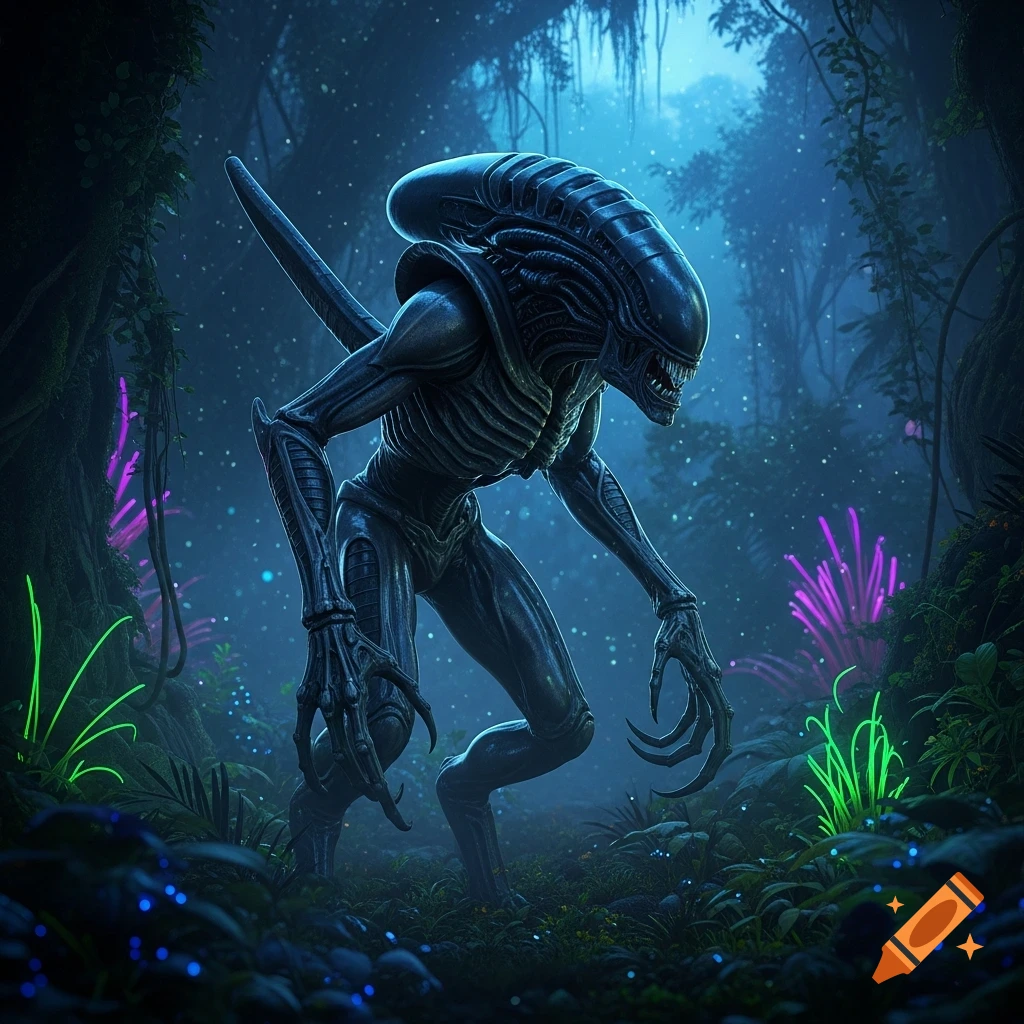 A photorealistic Xenomorph alien stands in a dark, misty ...