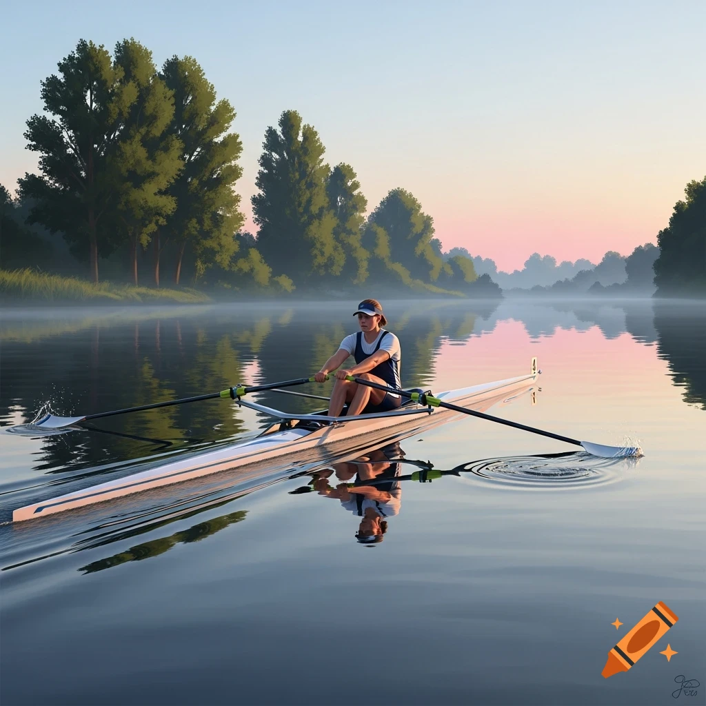 A person rows a white single scull boat on calm water during a misty sunrise, with trees lining the riverbanks.