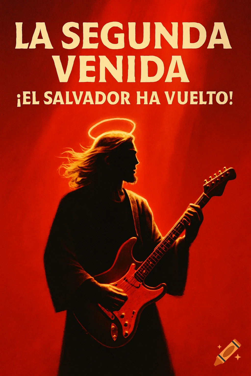 A stylized silhouette of Jesus with a halo and long hair playing an electric guitar against a vibrant red background, with Spanish text 'LA SEGUNDA VENIDA ¡EL SALVADOR HA VUELTO!' above.