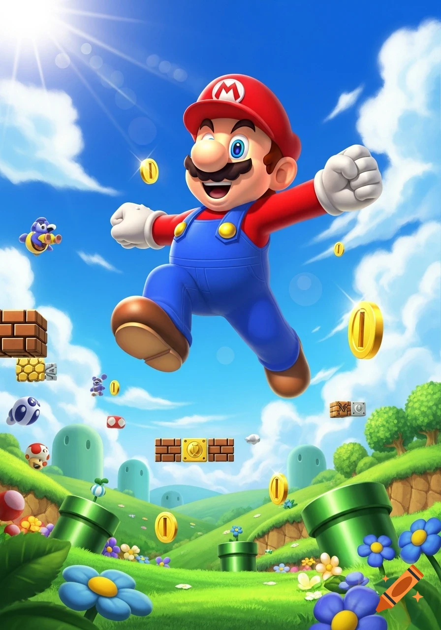 Mario leaps into the air amidst coins, power-up blocks, green pipes, and various enemies in a vibrant, sunny cartoon landscape.