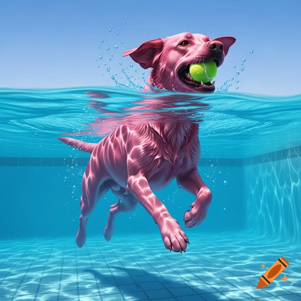 A pink dog swims in a bright blue pool, its head and a tennis ball in its mouth above the water, while its body and paddling paws are visible below the surface.