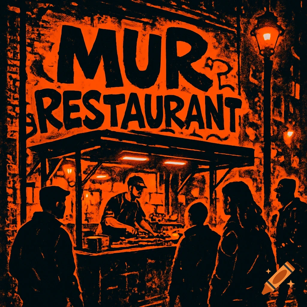 Black and orange urban art of a street food stall with 'MUR RESTAURANT' sign and people silhouetted.
