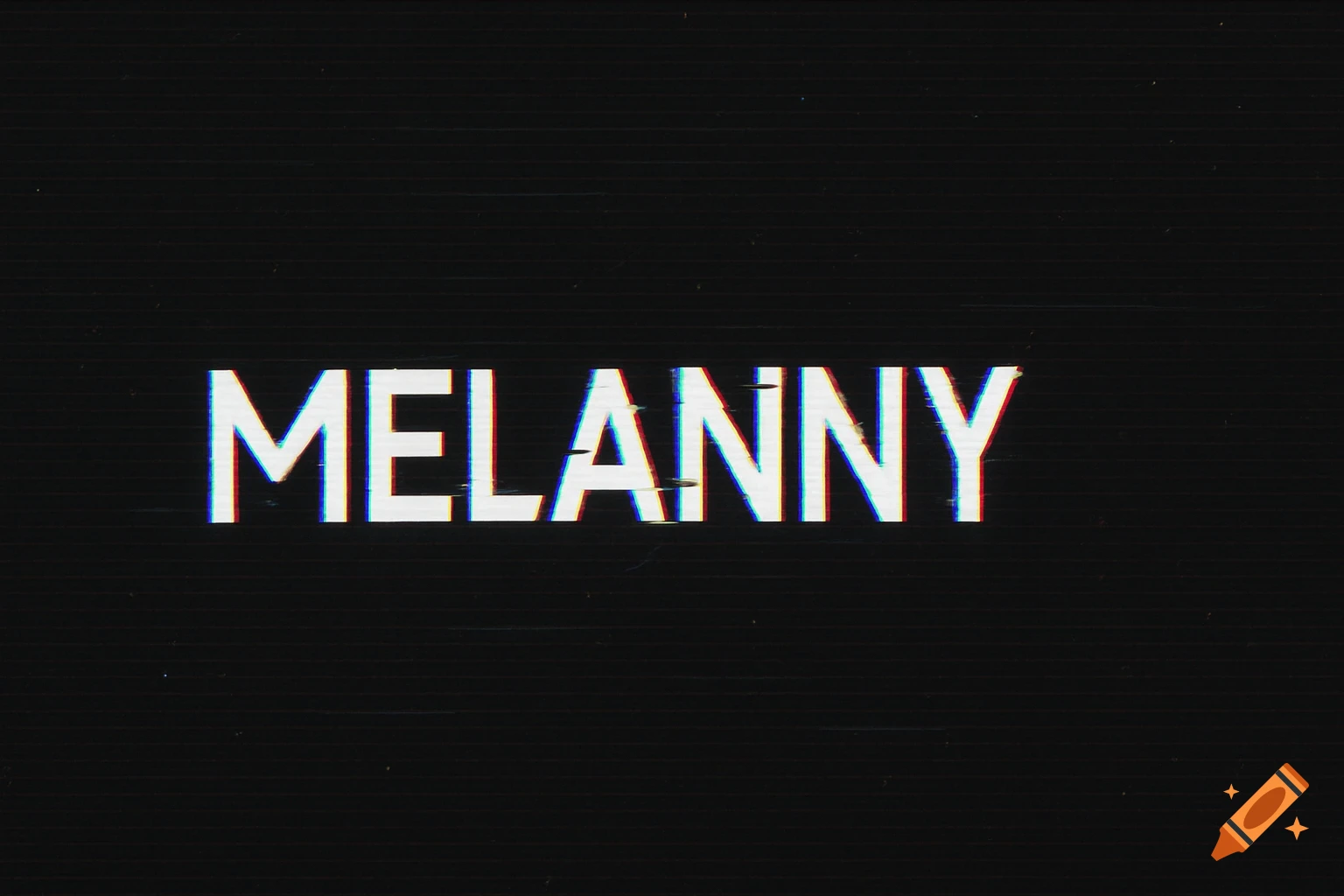 The word MELANNY in white geometric letters with a digital glitch effect, including RGB shift and pixel tearing, on a black background.