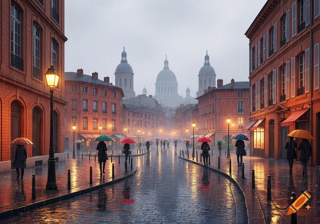 Rainy city street with people holding colorful umbrellas walking past illuminated brick buildings, reflections on wet cobblestones, and distant domed structures.