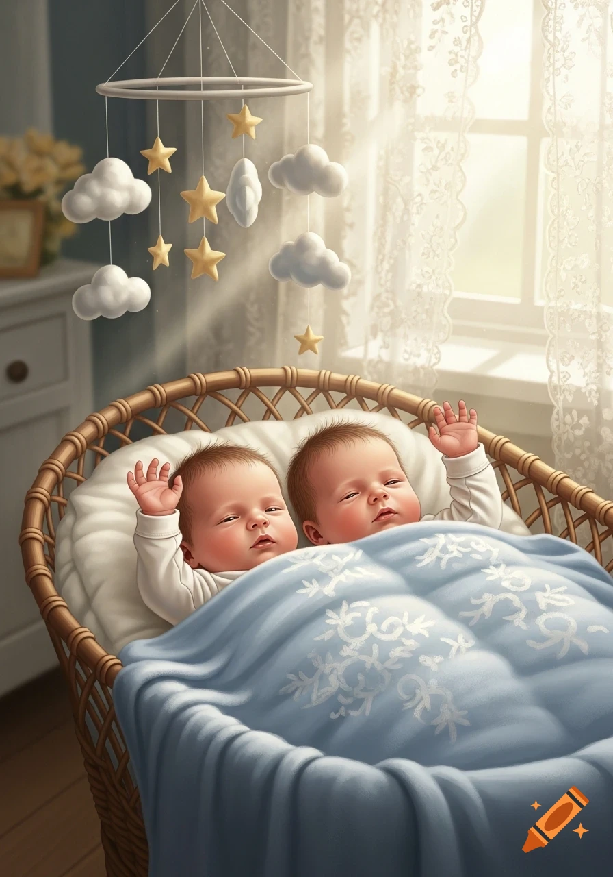 Two infant twin boys sleeping peacefully in a wicker bassinet under a mobile with stars and clouds, bathed in sunlight from a window.