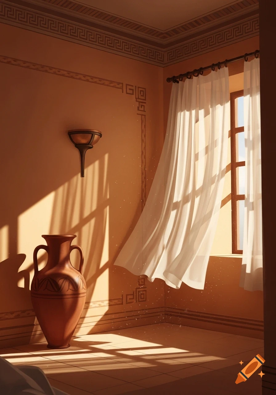 Softly lit ancient Greek interior with ochre walls, white curtains blowing, terracotta vase, sun casting shadows, and Greek patterns.