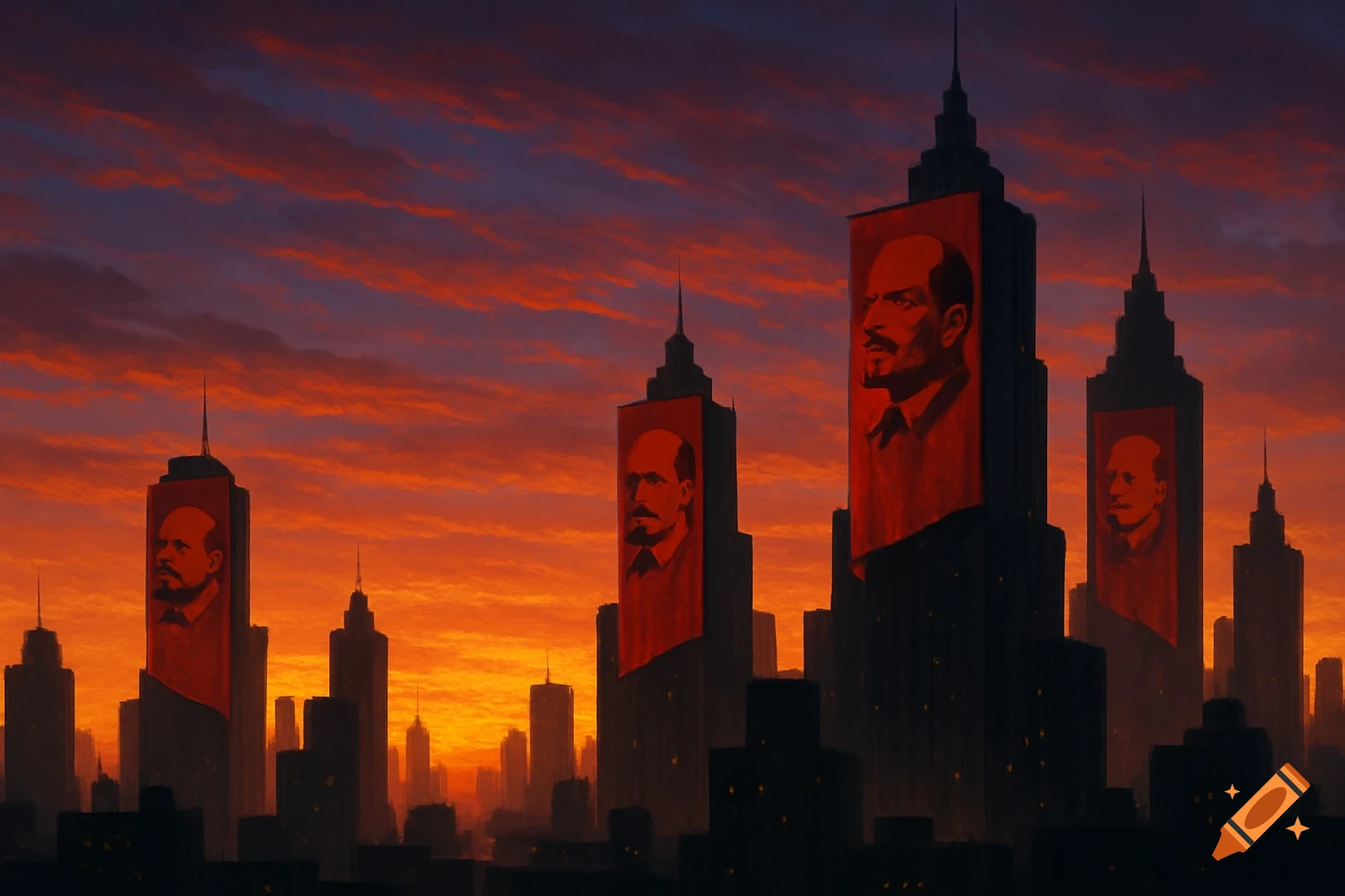 Stylized illustration of a city silhouette at sunset, with large red banners featuring portraits of Lenin hanging from multiple skyscrapers.