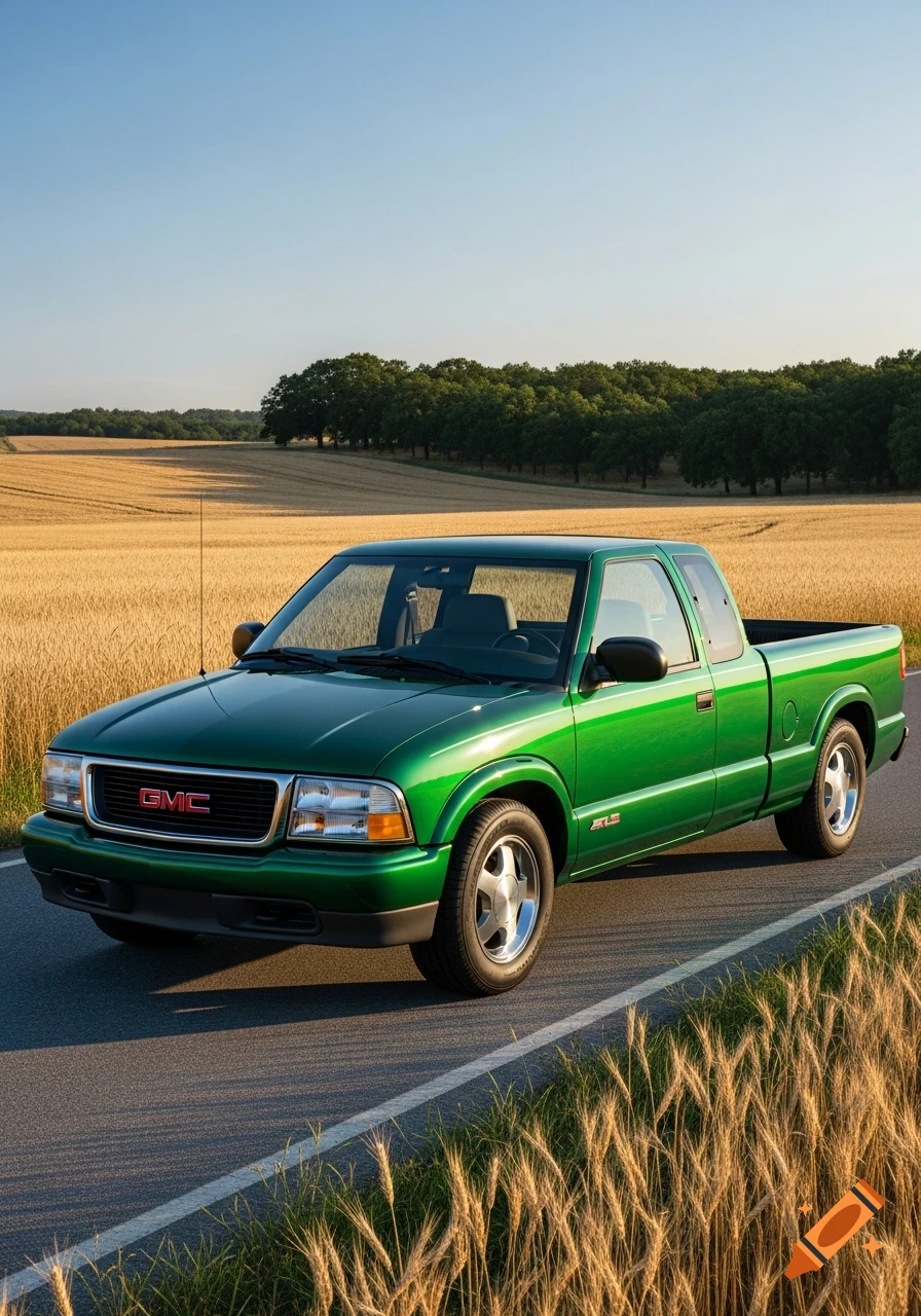 A bright green GMC pickup truck on an asphalt road next to a golden wheat field under a clear blue sky.
