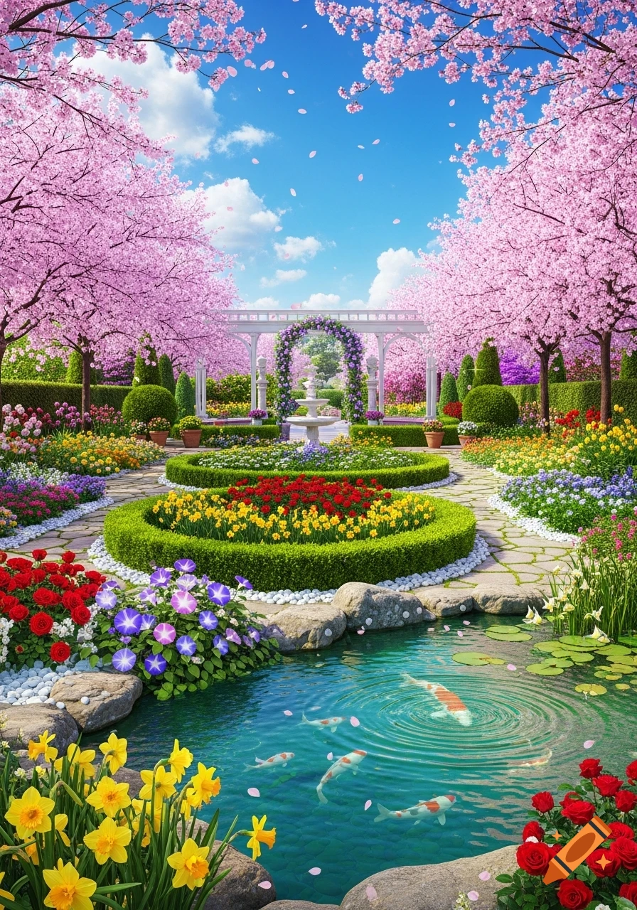 A vibrant spring garden featuring pink cherry blossom trees, colorful ...
