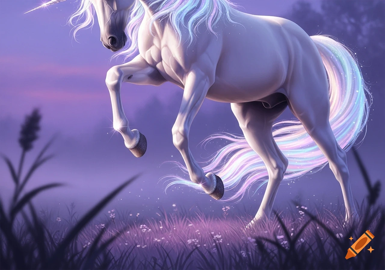 A majestic white unicorn with a rainbow mane and tail prances in a glowing purple field, viewed from below.