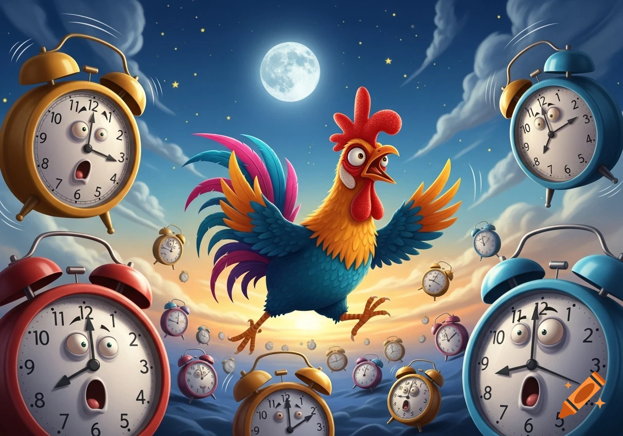 A colorful cartoon rooster crows loudly, flying amidst many expressive alarm clocks, under a full moon in a starry night sky.