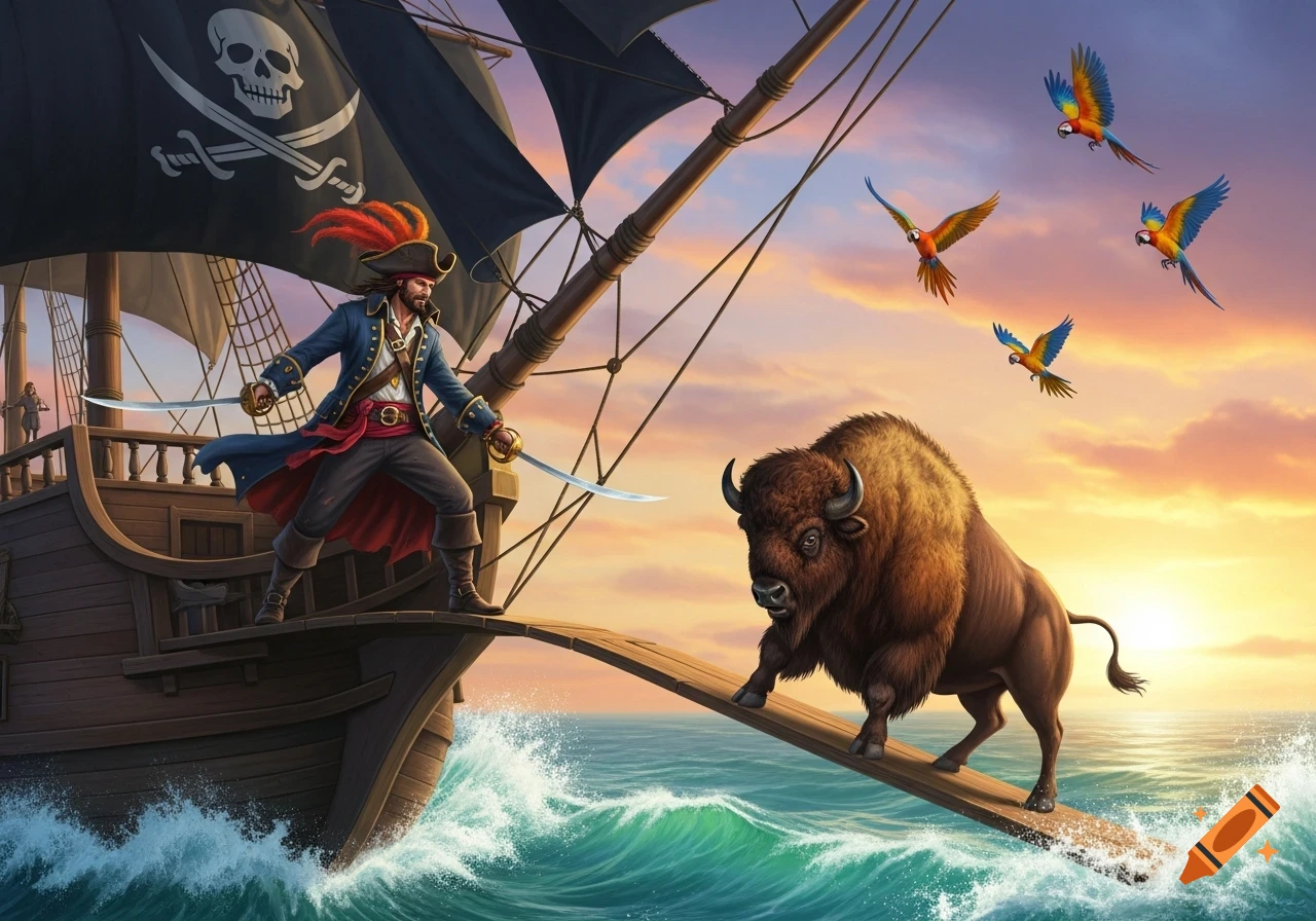 A pirate stands on a ship's bow, making a bison walk a plank into the sea under a sunset sky with parrots flying.