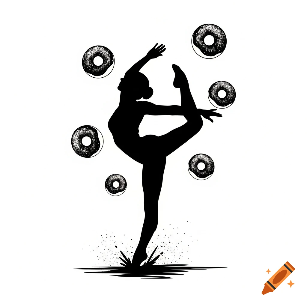 Black and white silhouette of a female dancer in an agile pose, with five stylized doughnuts floating around her on a white background.
