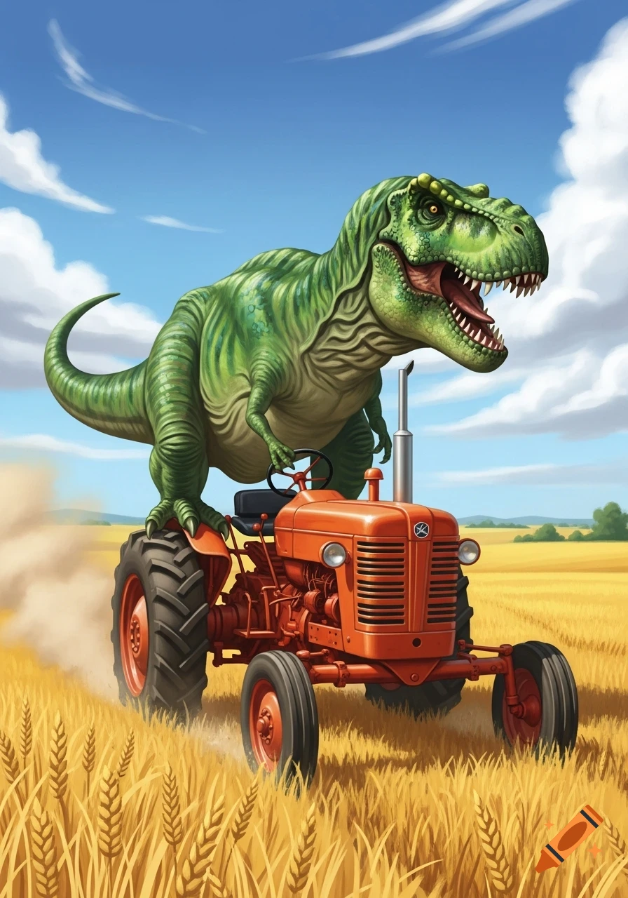 A large green Tyrannosaurus Rex stands atop an orange farm tractor, driving through a golden wheat field under a blue sky with white clouds in an illustrative style.