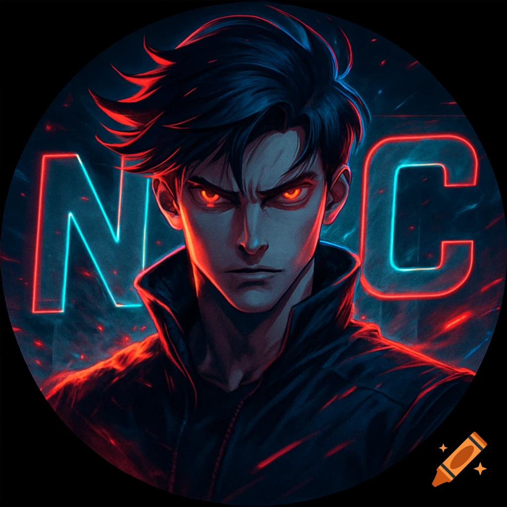 Anime male character with glowing red eyes and dark hair in a black jacket, against a cyberpunk background with neon 'N' and 'C' letters.