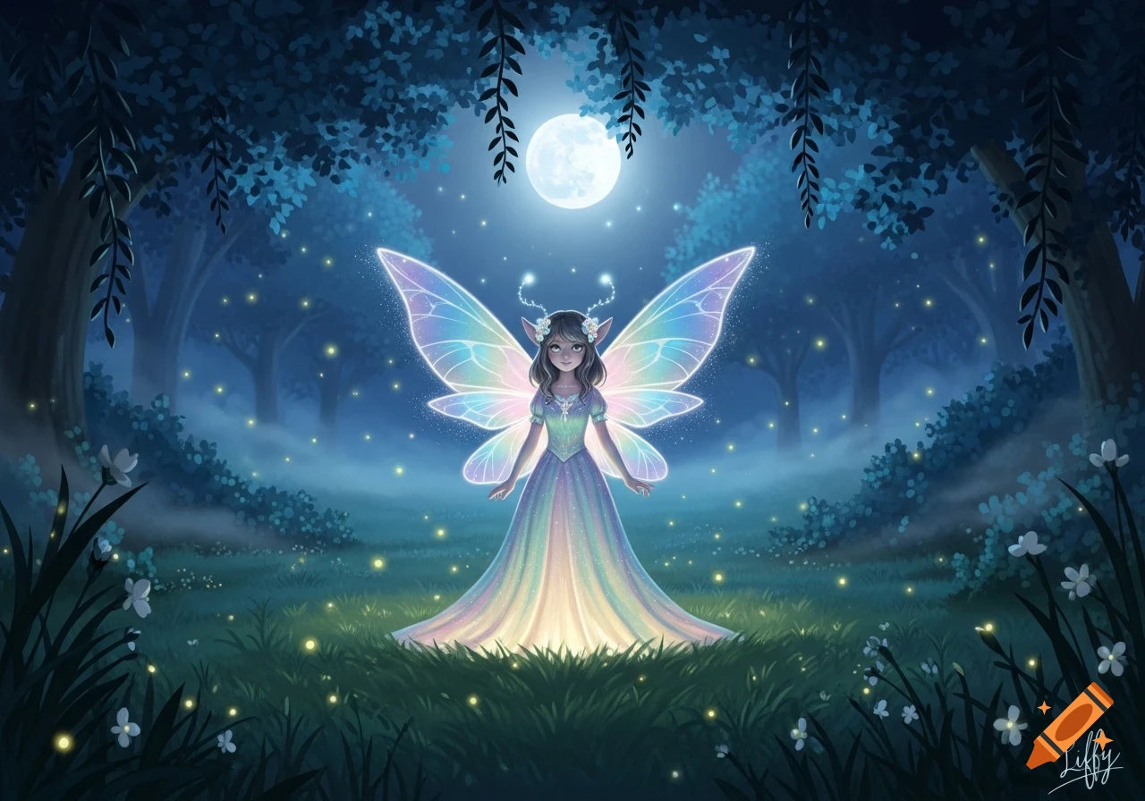 A glowing fairy with iridescent wings and a rainbow dress stands in a moonlit magical forest with fireflies.