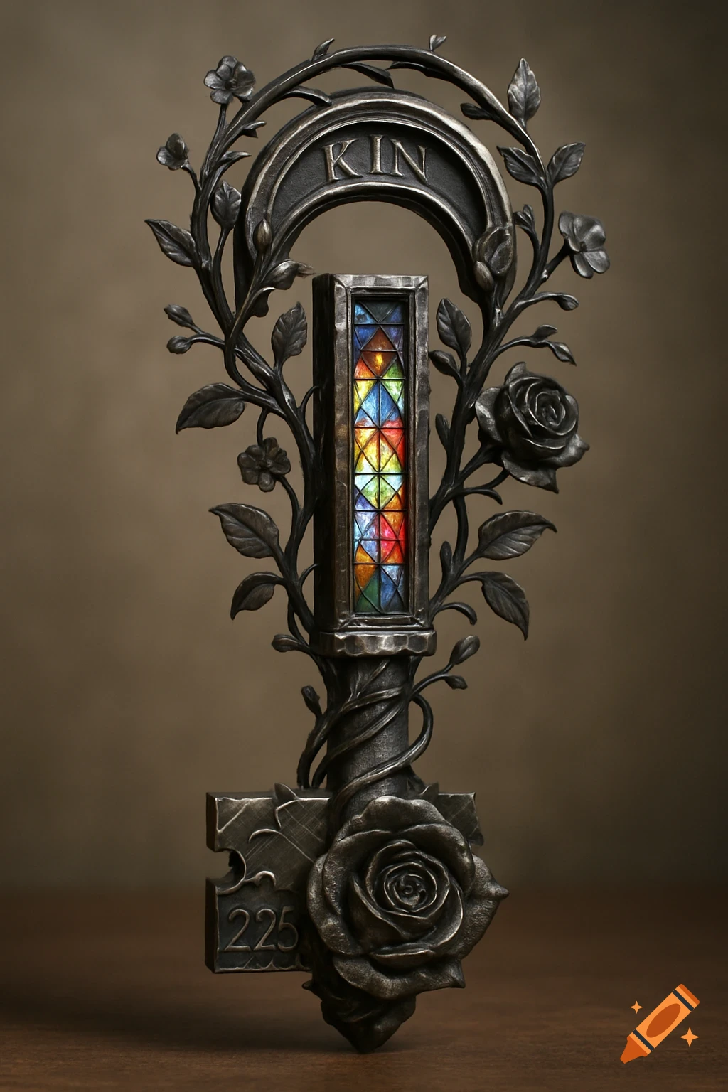 A highly detailed, ornate dark metal key featuring a stained glass window, surrounded by metallic rose vines and leaves, on a brown background.