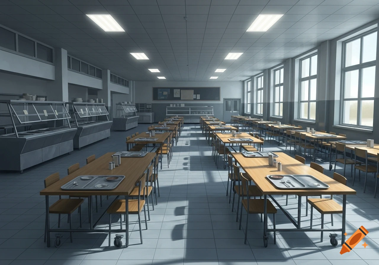 An empty, brightly lit high school cafeteria with long tables, chairs, and serving counters.