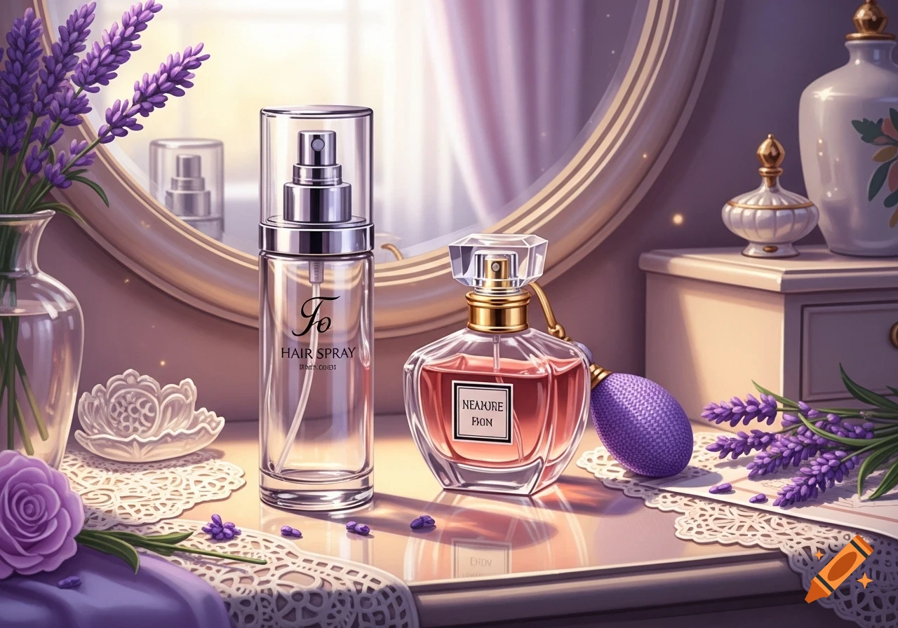 A hairspray bottle, a perfume bottle with a lavender bulb atomizer, and lavender sprigs sit on a lace-draped vanity near a mirror, bathed in soft light.
