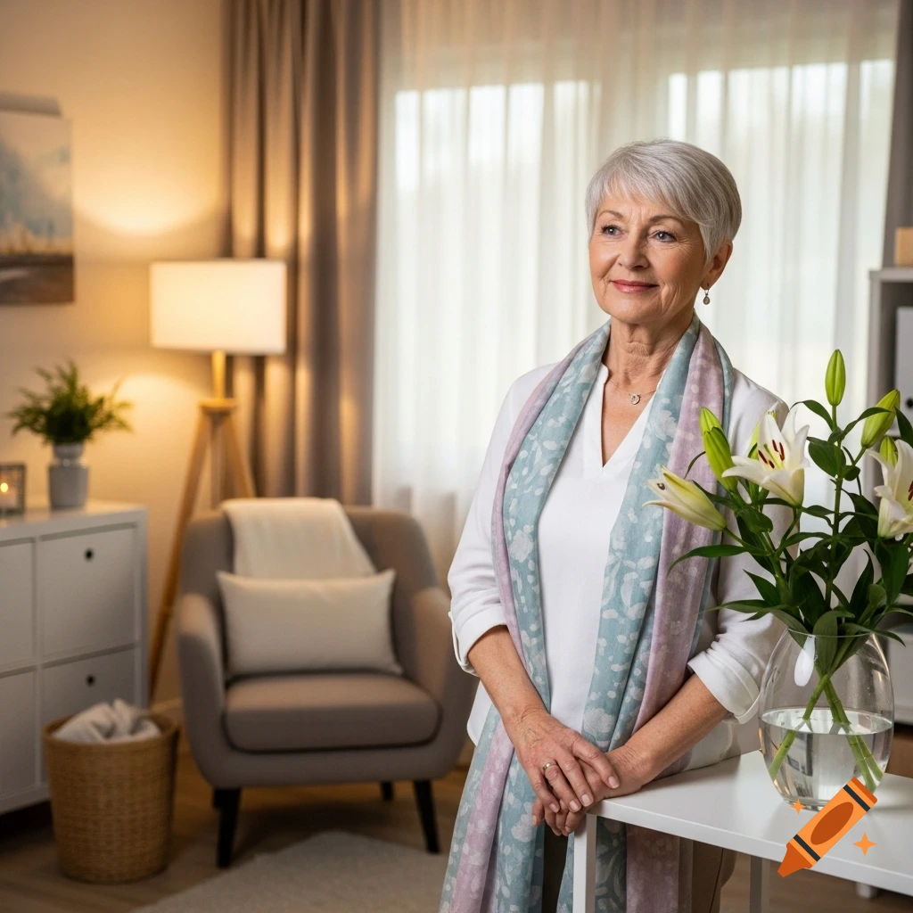 A smiling senior woman with short grey hair and a patterned scarf, leaning on a table with white lilies in a bright room.