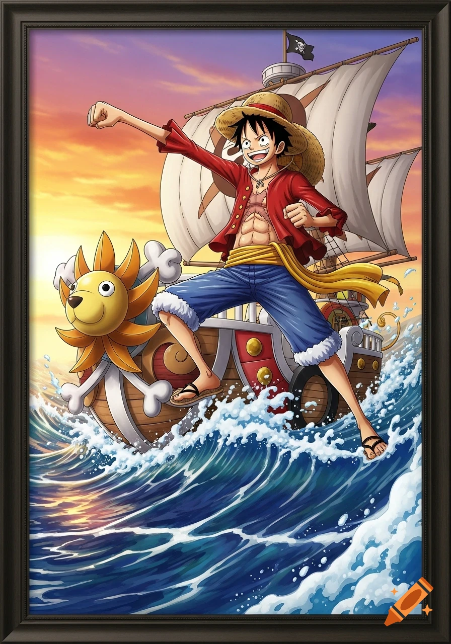 Anime illustration of Luffy on the Thousand Sunny pirate ship, sailing across wavy seas with a vibrant sunset sky.