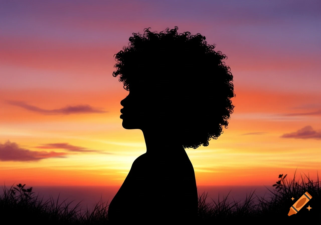 Silhouette of a person with an afro hairstyle facing right, against a vibrant orange and purple sunset sky over water with grass.