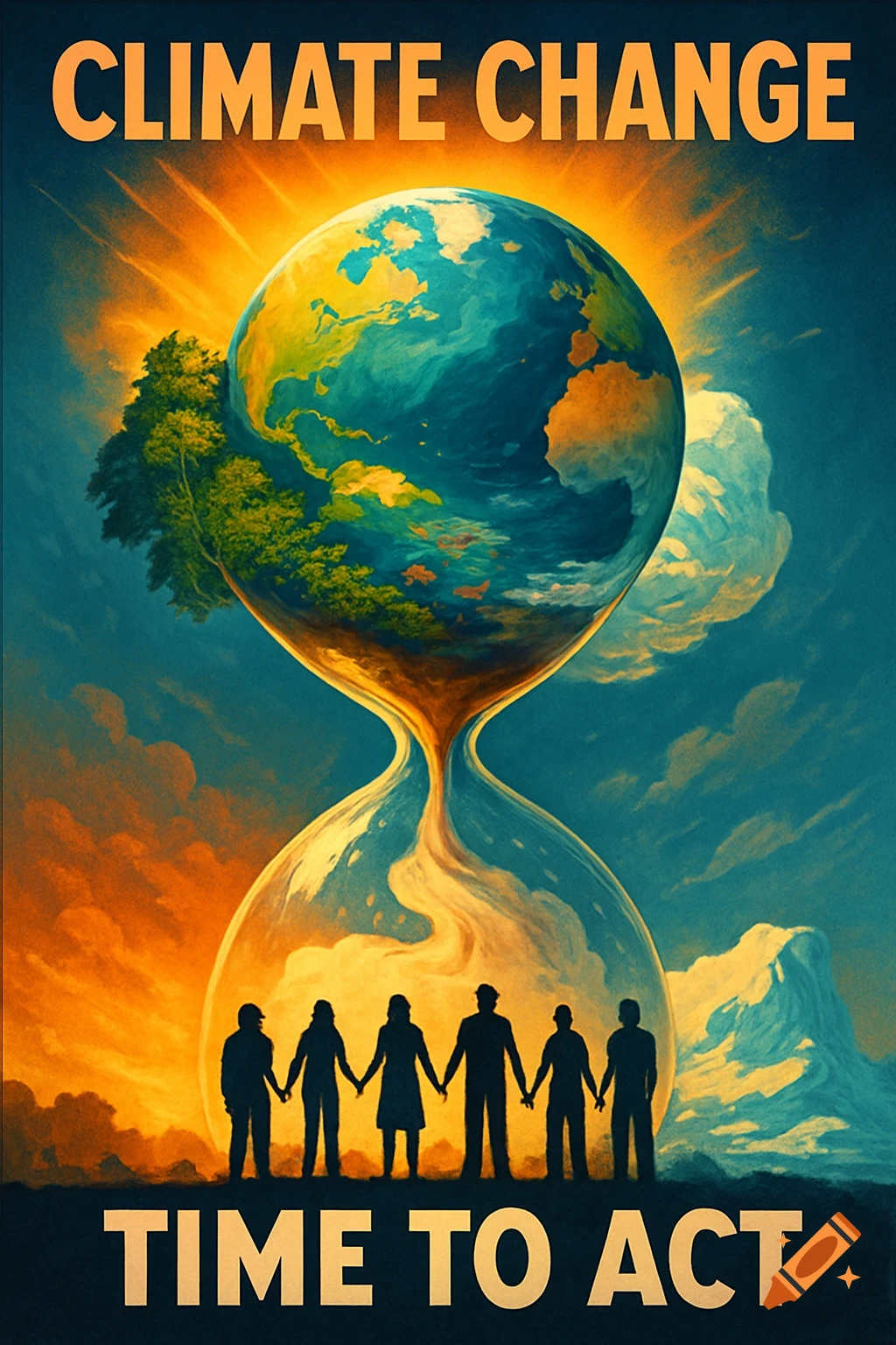 A climate change poster featuring Earth as the top of an hourglass, with sand flowing down to silhouetted people holding hands. Text reads 'CLIMATE CHANGE' and 'TIME TO ACT'.