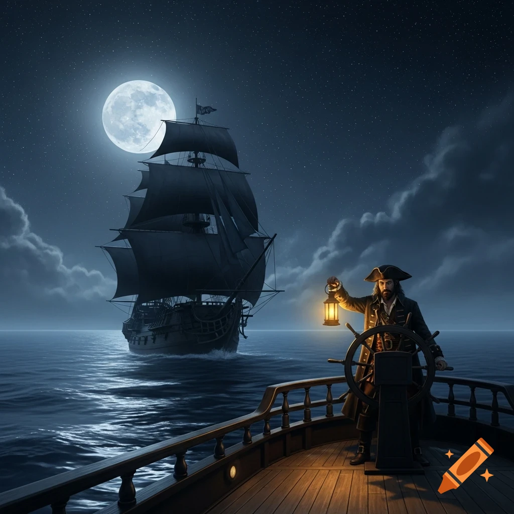 A pirate captain stands on his ship holding a lantern, sailing on a moonlit sea under a starry night sky.