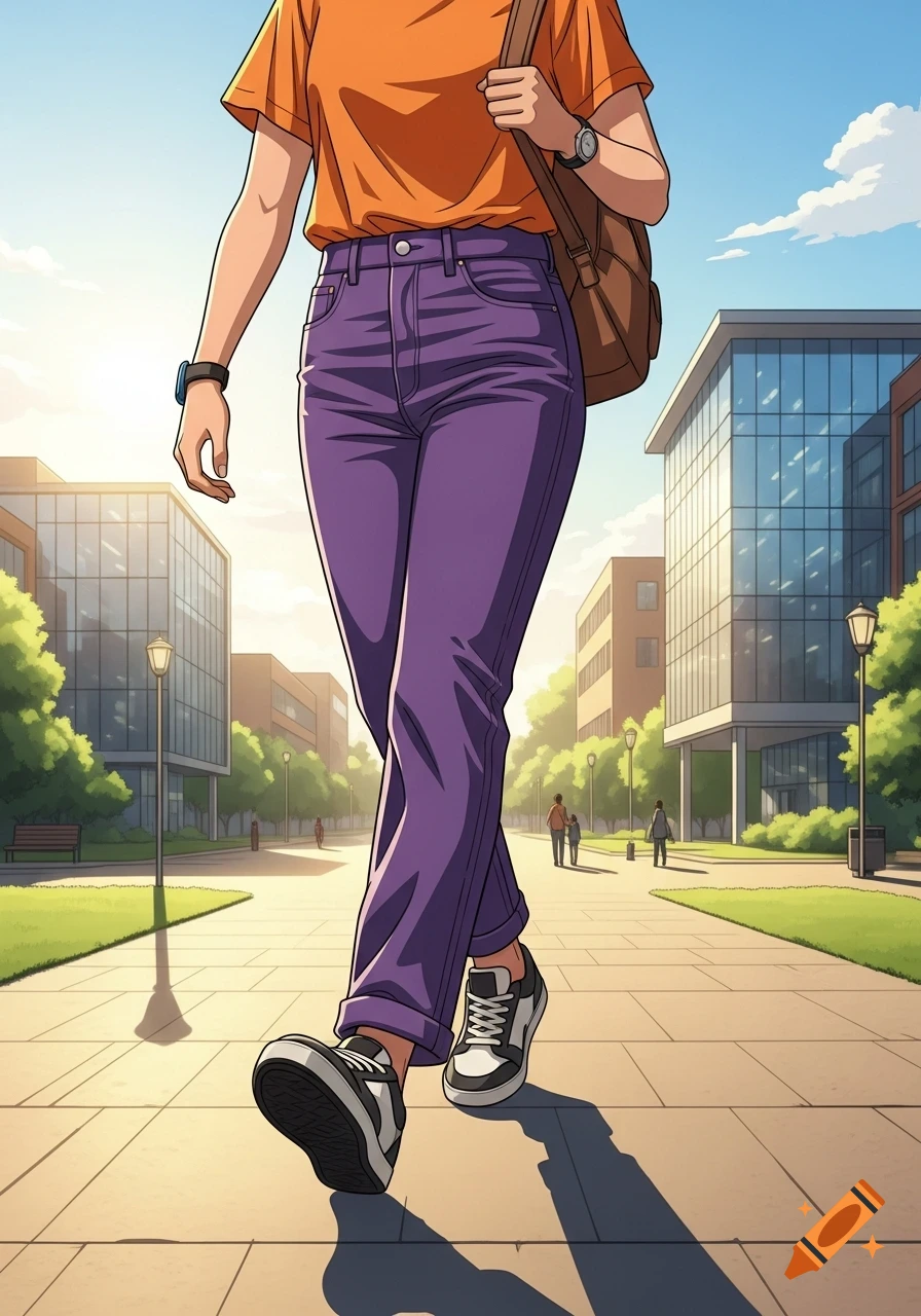 Anime style person in orange t-shirt and purple jeans walking with a backpack on a sunny campus path.