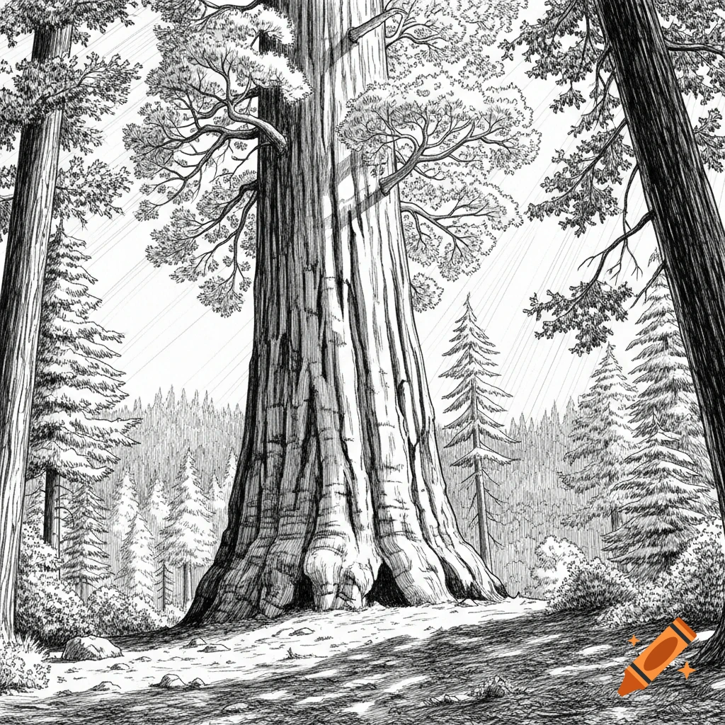 Black and white ink drawing of a giant sequoia tree in a forest, surrounded by other trees and bushes.