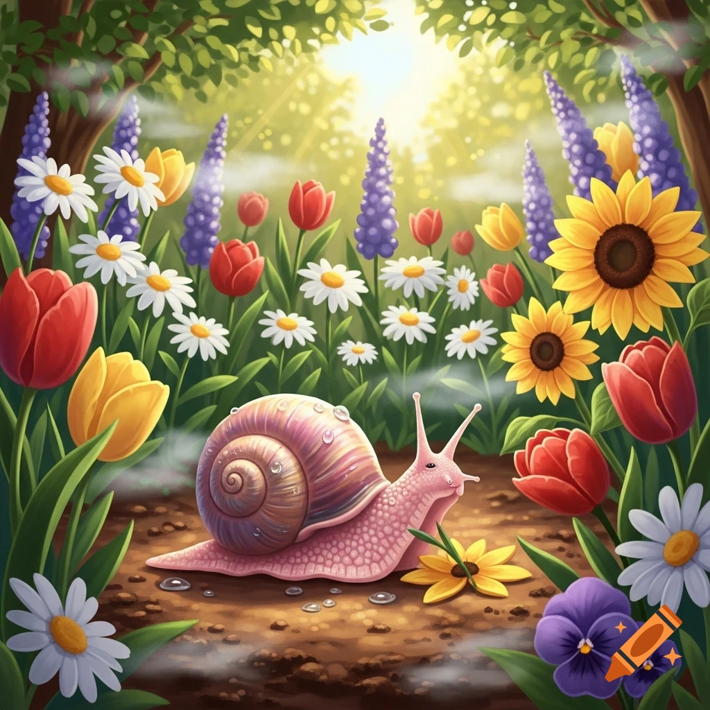 A pink snail with water droplets on its shell crawls through a vibrant, sunny garden filled with colorful daisies, tulips, sunflowers, and purple flowers.