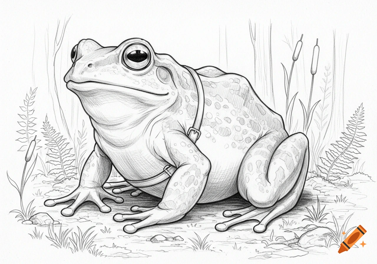 Pencil sketch of a large, ridable frog wearing a harness, sitting in a natural environment with plants.