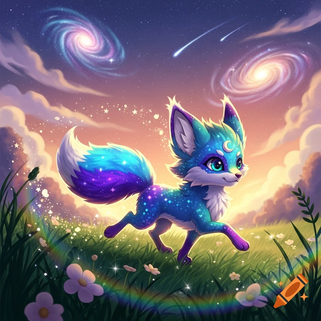 A cute, blue, purple, and white fox with starry fur runs through a grassy field. Swirling galaxies and shooting stars fill the twilight sky.