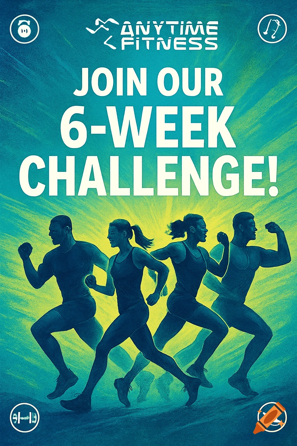 A blue and yellow poster for 'Anytime Fitness' with four silhouetted athletes running and posing, advertising a '6-Week Challenge'.