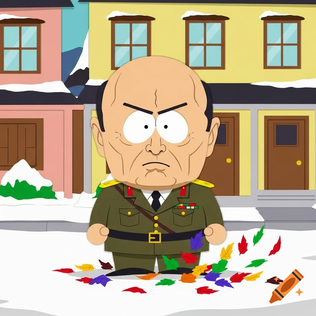 A South Park-style cartoon of an angry general, resembling Benito Mussolini, standing in a snowy street with colorful leaves in front of houses.