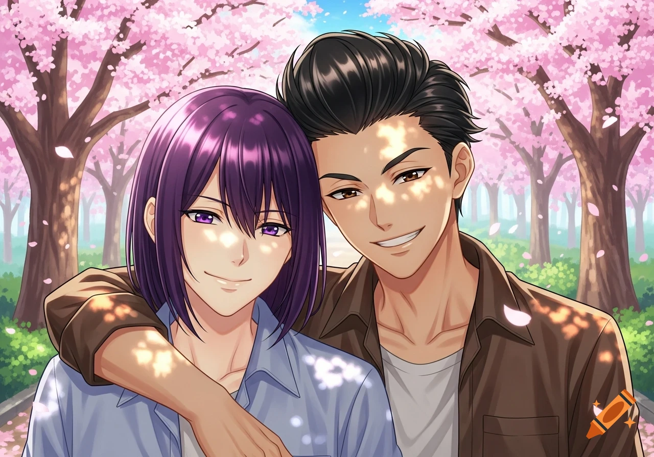 Two smiling anime boys embracing under cherry blossom trees with dappled sunlight, an arm around the other.