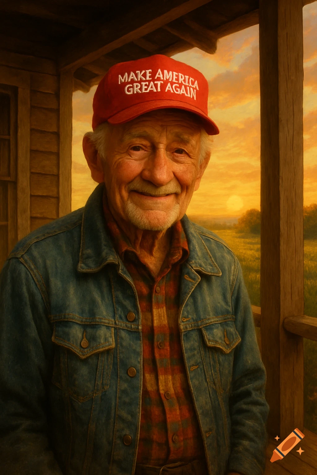 An old man in a red "MAKE AMERICA GREAT AGAIN" hat and a denim jacket smiles on a porch with a sunset field background.