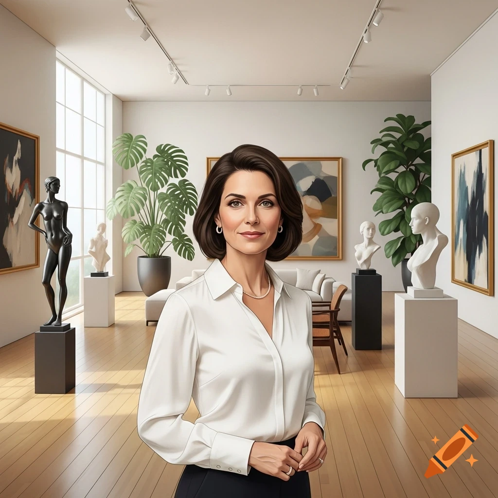 A woman in a white blouse stands smiling in a modern art gallery filled with sculptures and abstract paintings.