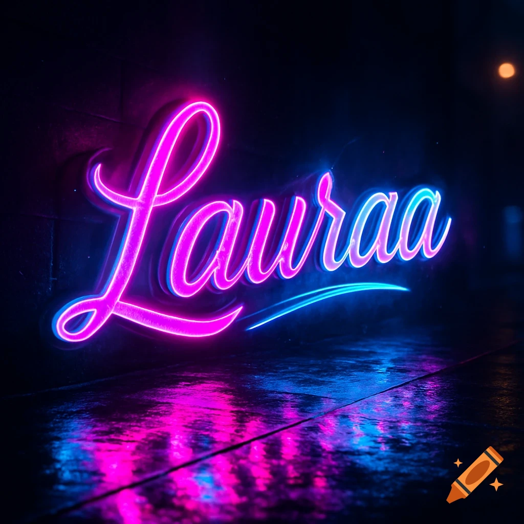 Vibrant pink and blue neon sign spelling 'Lauraa' reflected on a wet, dark surface.