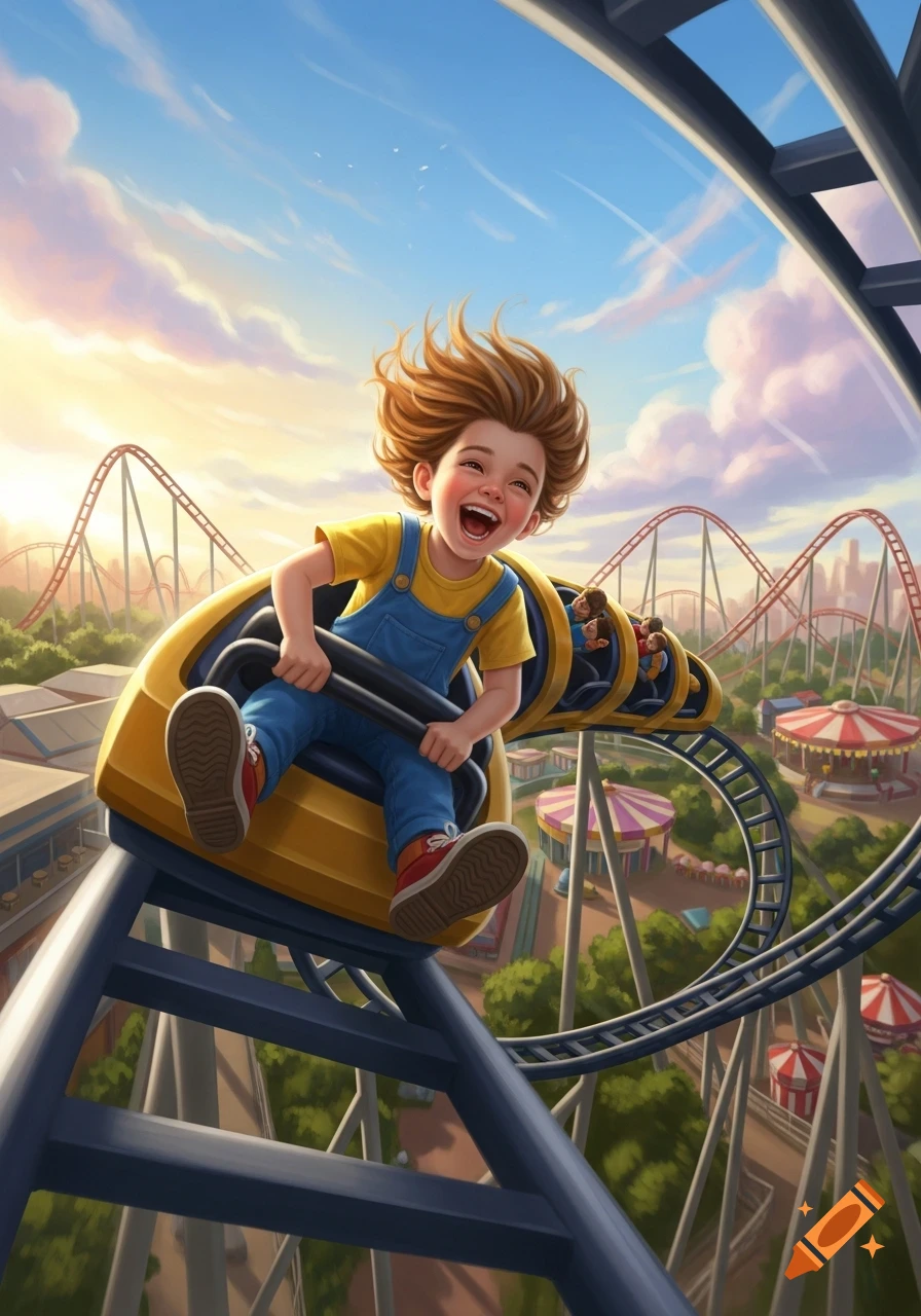 A joyful child with wind-swept hair laughs on a yellow rollercoaster in an amusement park under a sunny sky, illustration.