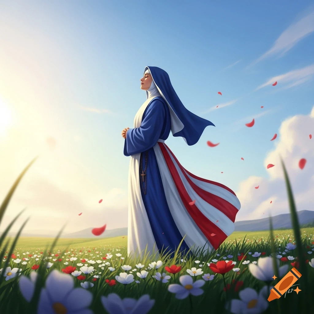 A stylized illustration of a nun in a red, white, and blue habit, standing in a sunny field of flowers with falling petals.