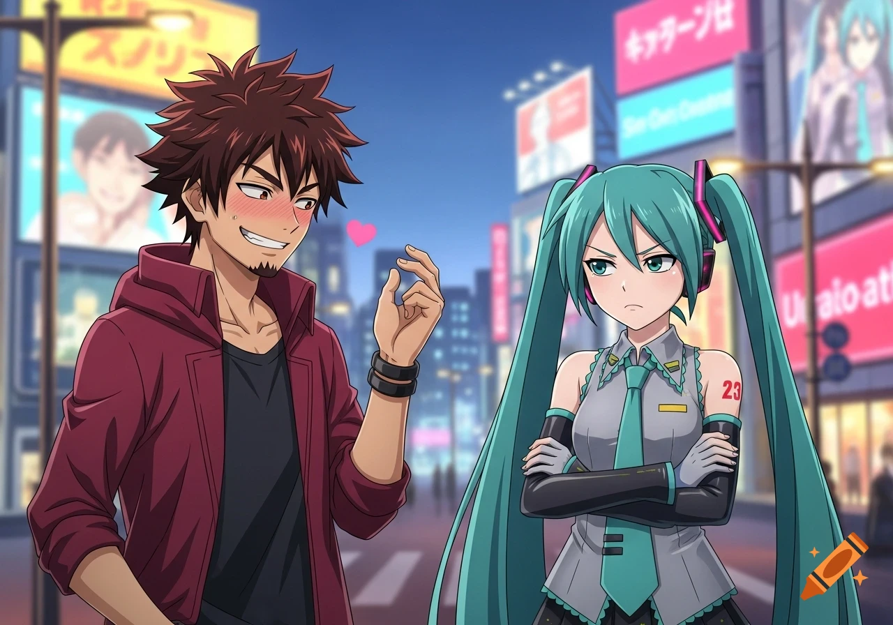 Anime-style depiction of a blushing Ichiban Kasuga staring at an annoyed Hatsune Miku, arms crossed, on a city street at night.