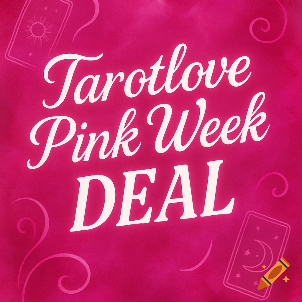 White text 'Tarotlove Pink Week DEAL' on a magenta pink background with subtle outlines of tarot cards and decorative swirls.