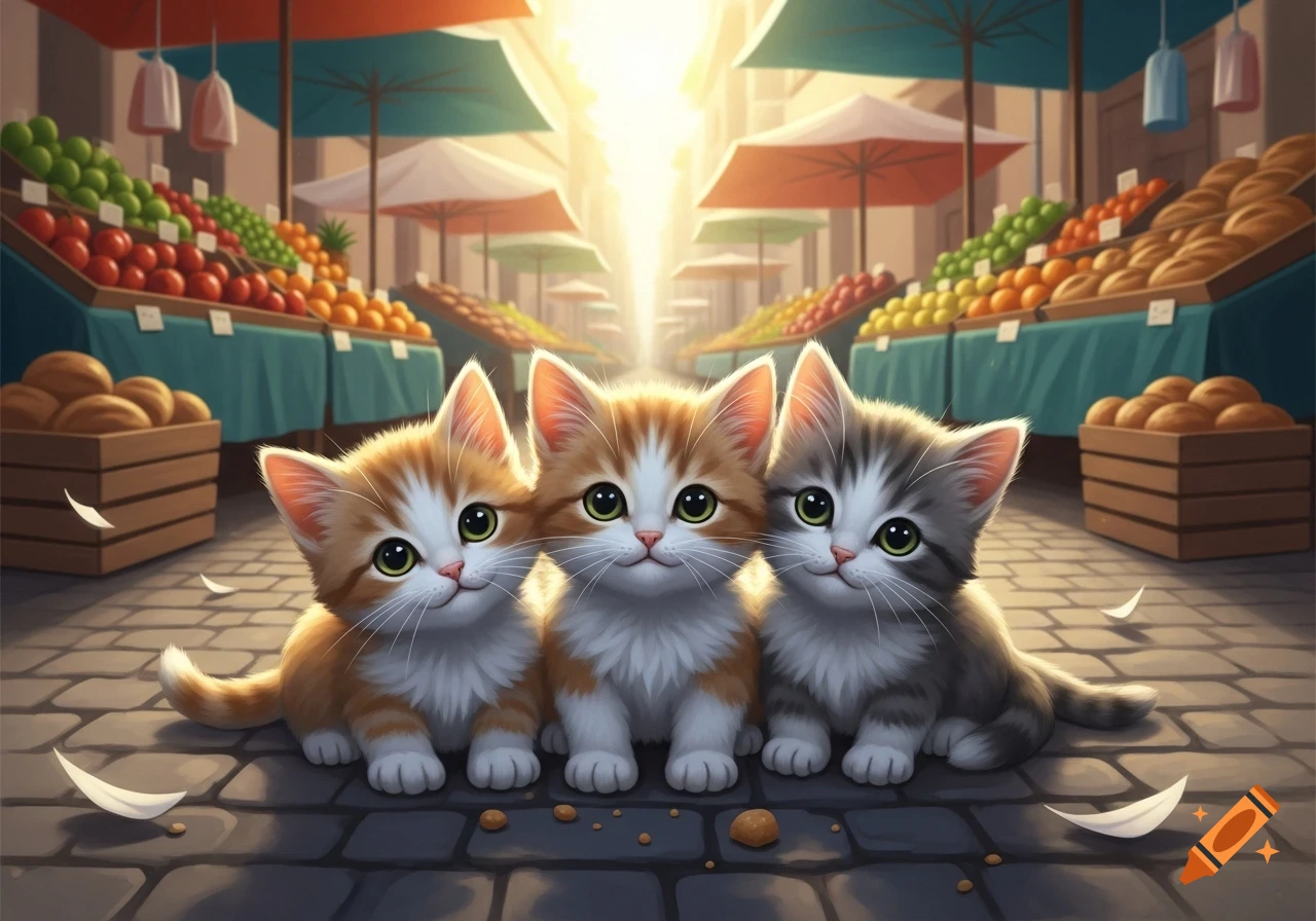 Three cartoon kittens with big eyes sit on cobblestones in a vibrant outdoor market with fruit and bread stalls.