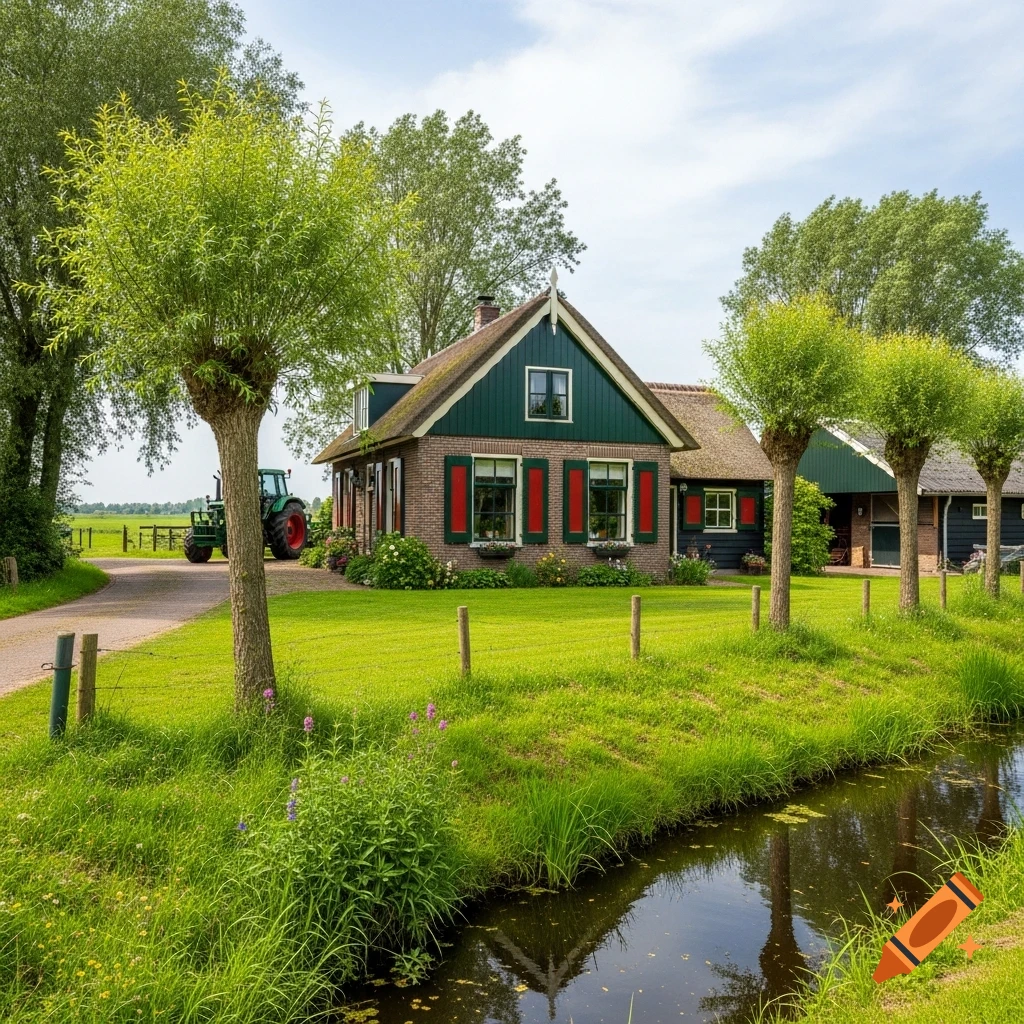 An idyllic old Dutch farm house with a green roof and red shutters, surrounded by green grass, pollarded willows, a ditch, and a tractor.