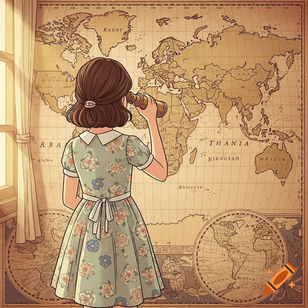 A vintage animated illustration of a girl in a floral dress, seen from the back, looking through a monocular at a large world map on the wall.