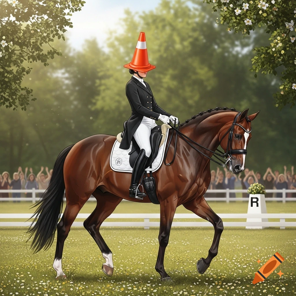 An illustration of a dressage rider wearing a traffic cone on their head, riding a brown horse in an outdoor arena with a crowd in the background.