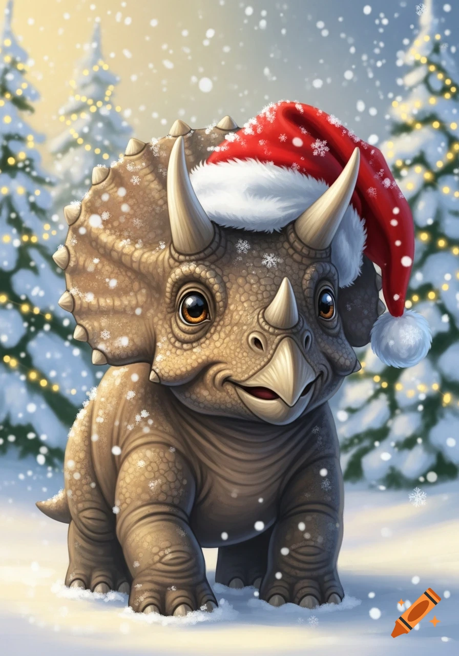 A cute baby triceratops wearing a Santa hat stands in a snowy winter forest, an illustration.