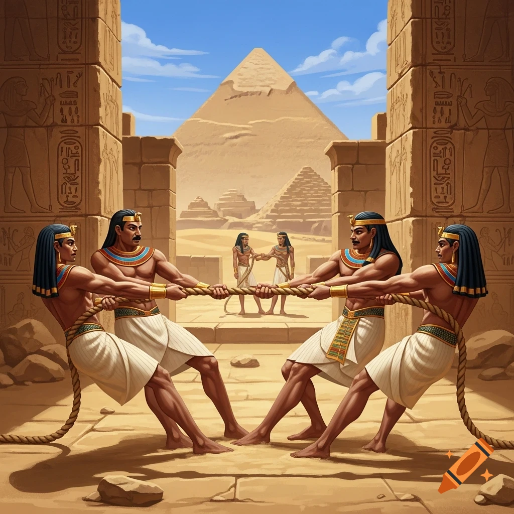 Ancient Egyptian men in traditional attire participate in a tug-of-war game amidst desert ruins and pyramids, in a painting style.