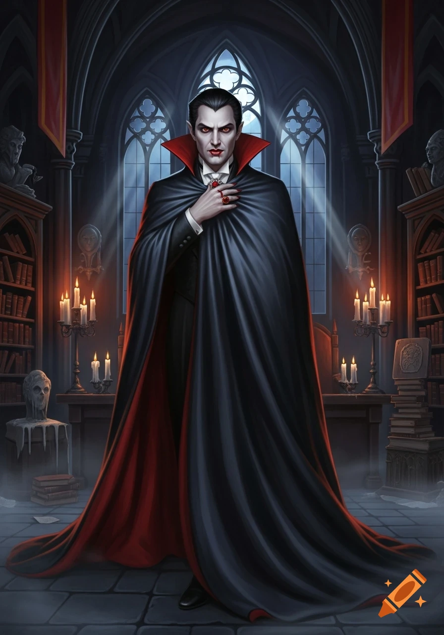 A dramatic digital illustration of Dracula standing in a gothic castle library, wearing a black and red cape, with red eyes and blood on his lips.